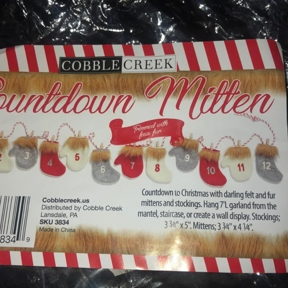 Holiday Farmhouse Countdown To Christmas Mantle Garland Mittens‎ New